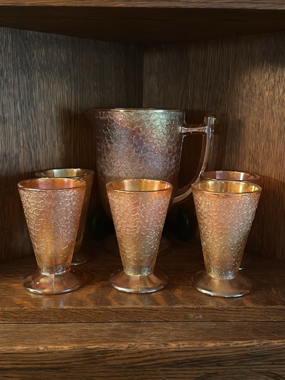 Vintage Jeannette marigold Crackle pitcher + 5 glasses
